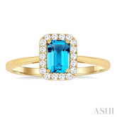 6x4 MM Octagonal Shape Blue Topaz and 1/6 Ctw Round Cut Diamond Halo Semi-Precious Ring in 10K Yellow Gold